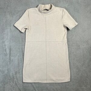 ZARA Sweater Dress Women's Small Beige Ribbed Mini Knit Mock Neck Short Sleeve